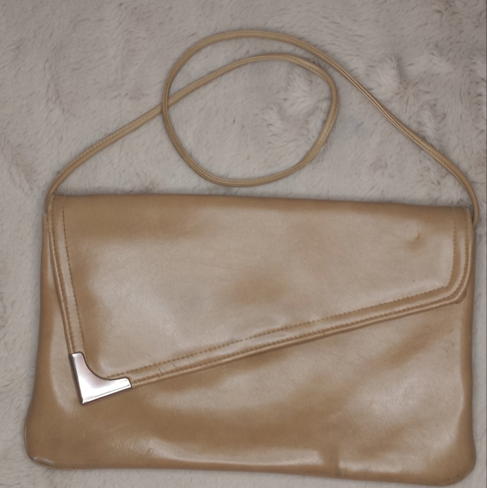 Vintage 80's Asymetric Tan Shoulder Bag With Iconic Built In Lipstick Mirror